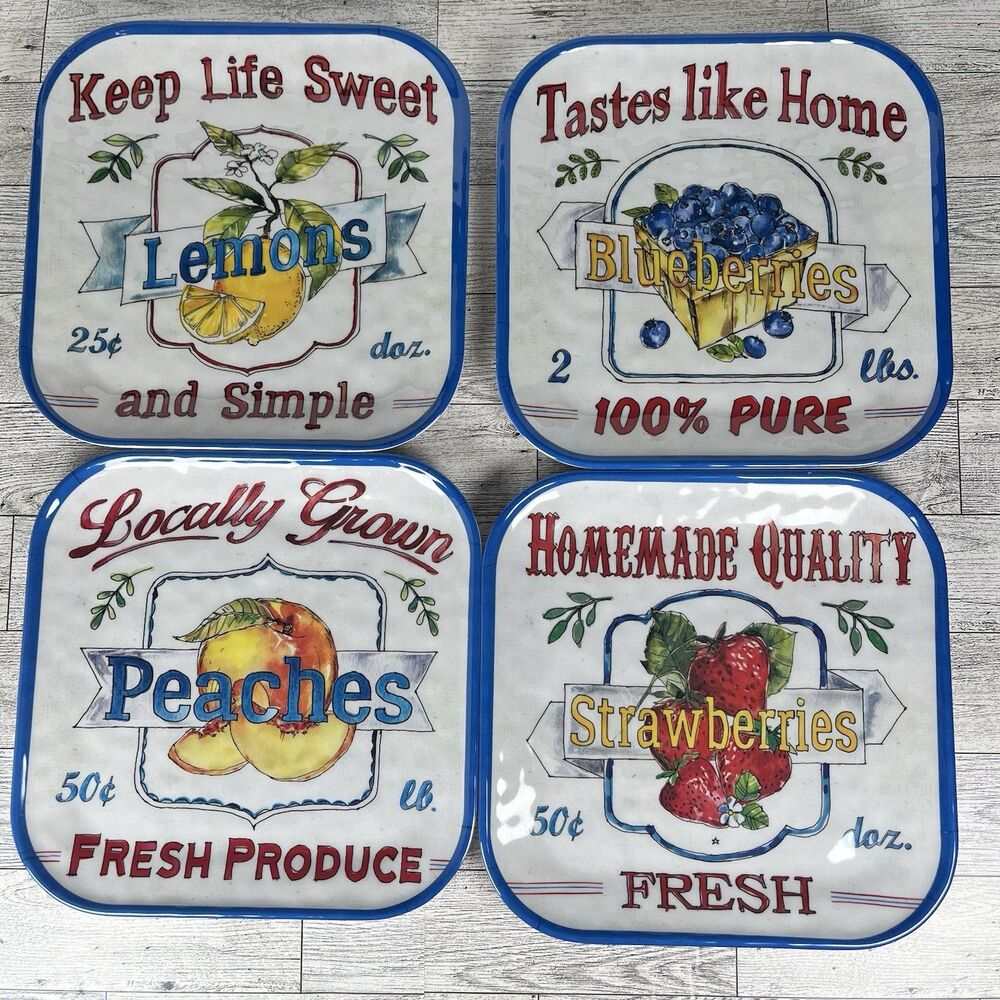 Betsy Cavallo Various Fruit Melamine Salad Plates 8.5” Farmers Market Set If 4